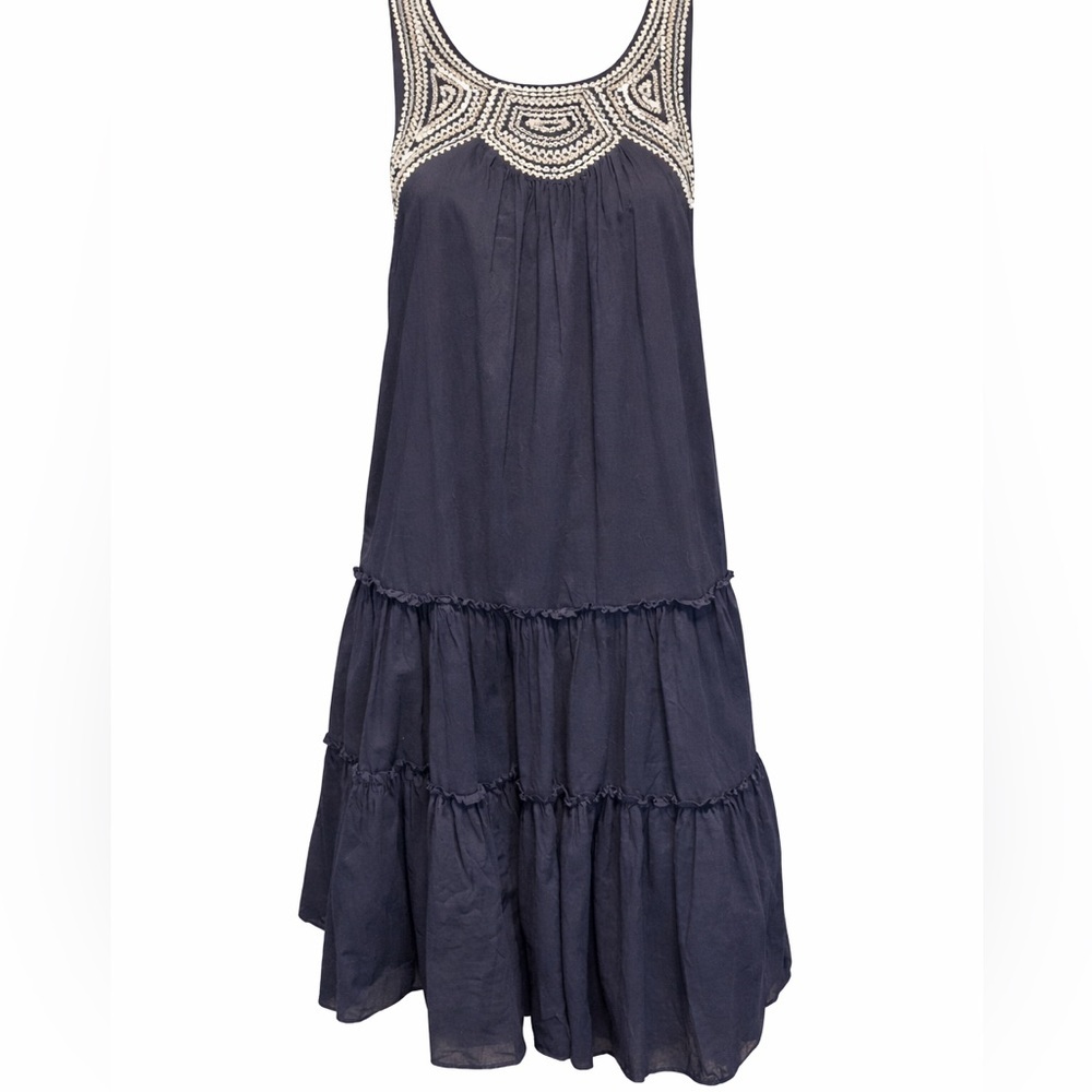Navy Boho Embroidered Tiered Midi Dress Cotton Sleeveless Size S Klozlyne - Picture 2 of 8